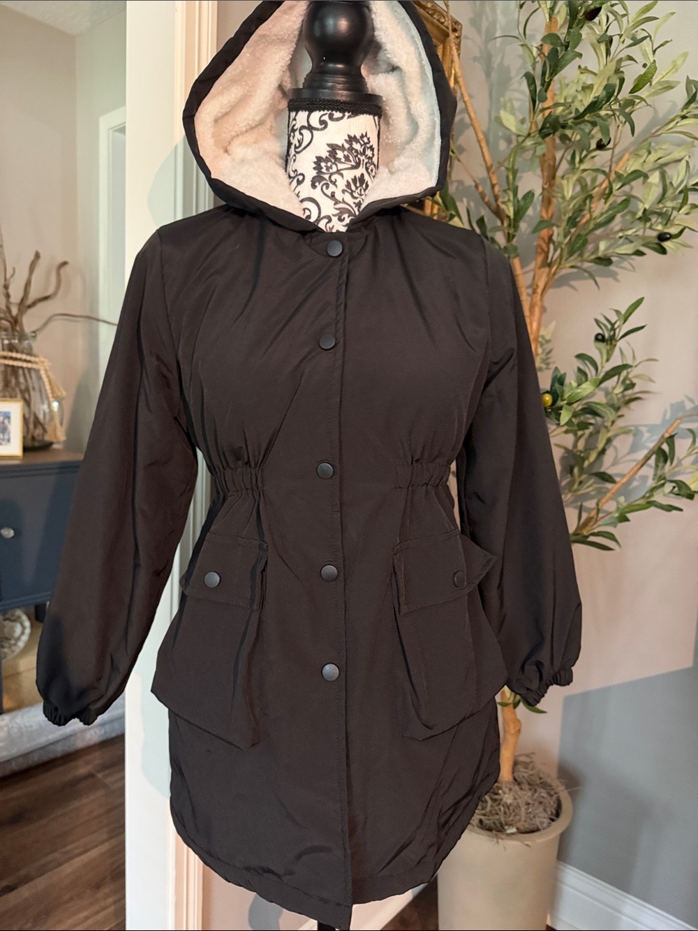 Girls Black Hooded Coat with white Sherpa Lining